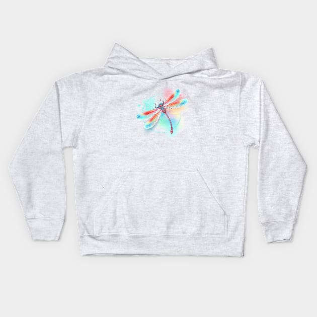 Red dragonfly on watercolor background Kids Hoodie by Blackmoon9